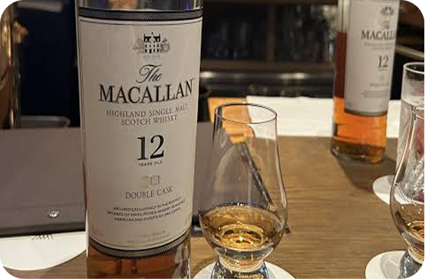 Macallan 12 Double Cask whisky bottle and tasting glass