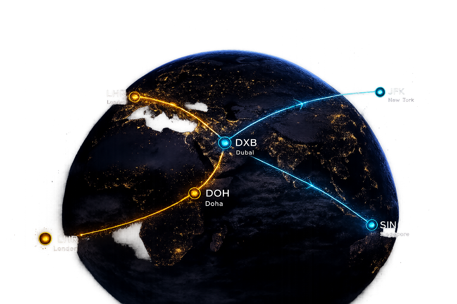 Your flight route across airport hubs
