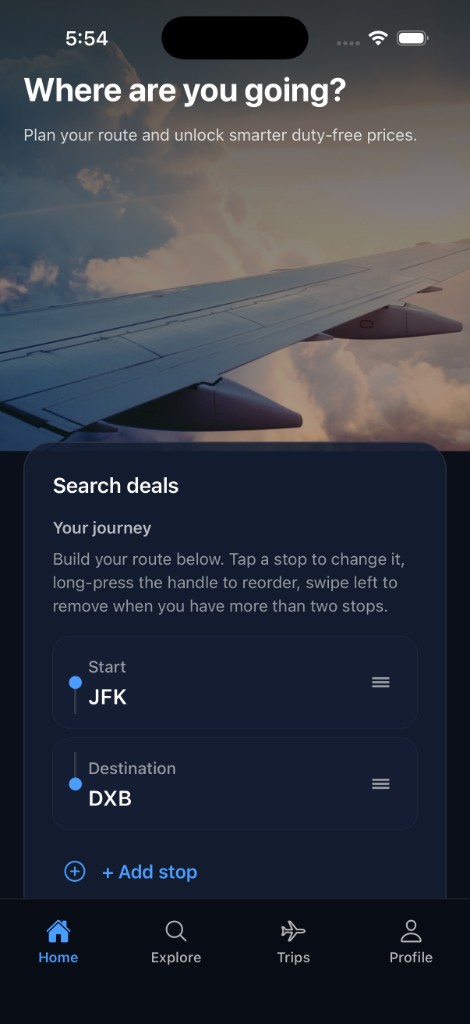 Navayro home — route hero, search deals with JFK to DXB journey, and tab bar