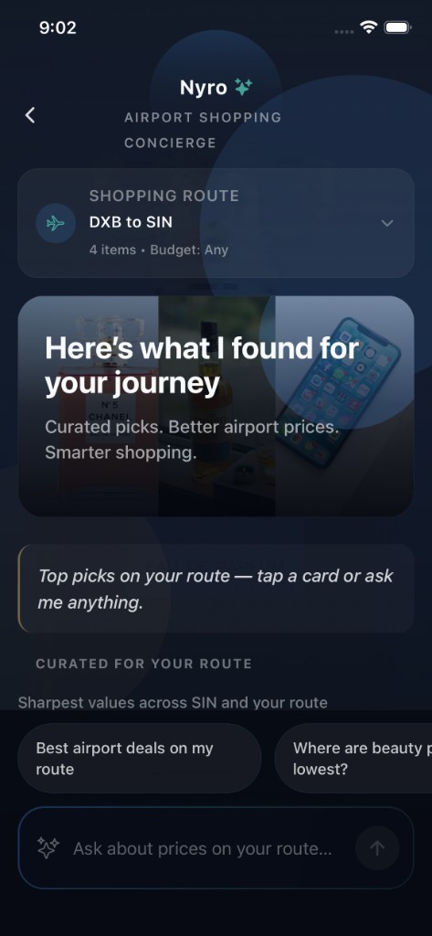 Nyro airport shopping concierge — curated picks and route-aware prices for DXB to SIN
