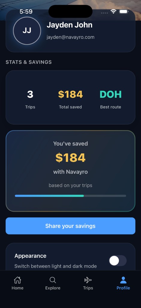 Navayro Profile — Jayden John, stats and savings with trips and best route DOH, share savings, appearance toggle, active Profile tab