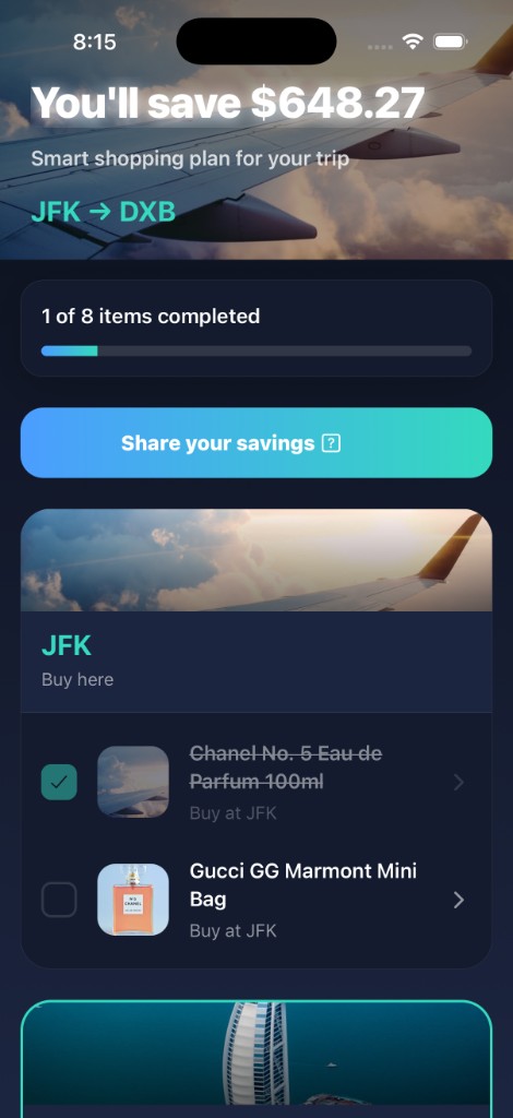 Navayro Smart shopping plan — wing hero with You'll save headline, JFK to DXB route, progress bar, Share your savings, airport-grouped checklist with product thumbnails