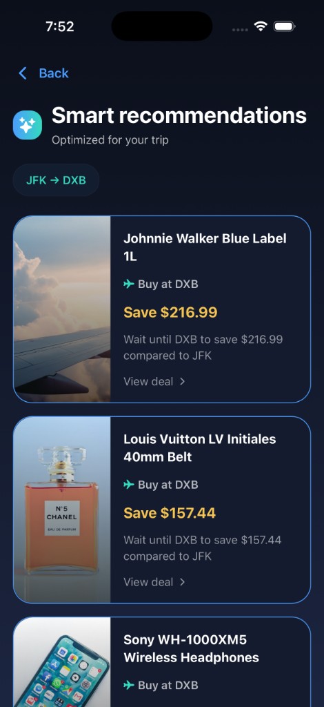 Navayro Smart recommendations — JFK to DXB route chip, deal cards with Buy at DXB, Save amounts, and View deal