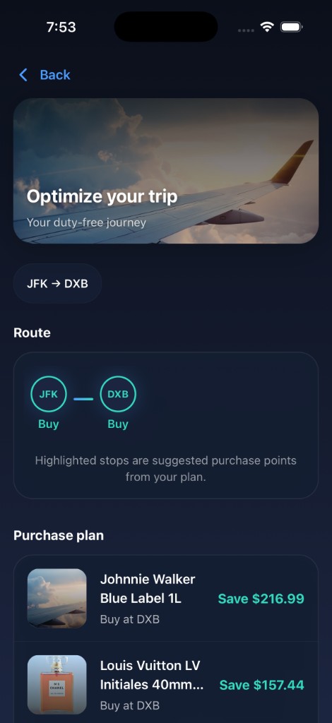 Navayro Optimize your trip — wing hero, route map JFK to DXB with buy hints, purchase plan with savings per item