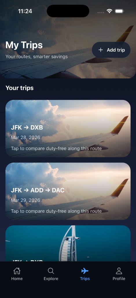 Navayro My Trips — hero with wing over clouds, JFK to DXB and multi-stop routes, Add trip, active Trips tab